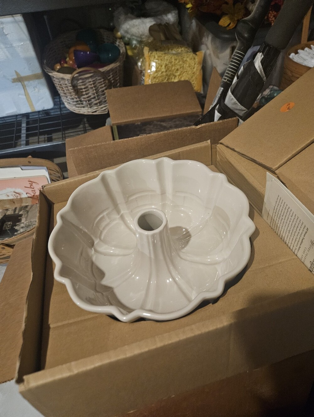LONGABEEGER Woven Traditions Fluted Cake Pan  Cream Glazed Pottery Bundt Pan